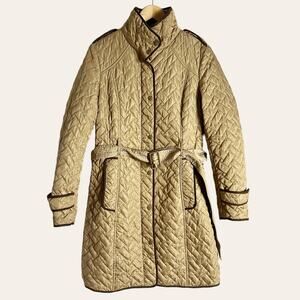 Cole Haan Golden Khaki Tan Quilted Belted Coat Women’s Size Small